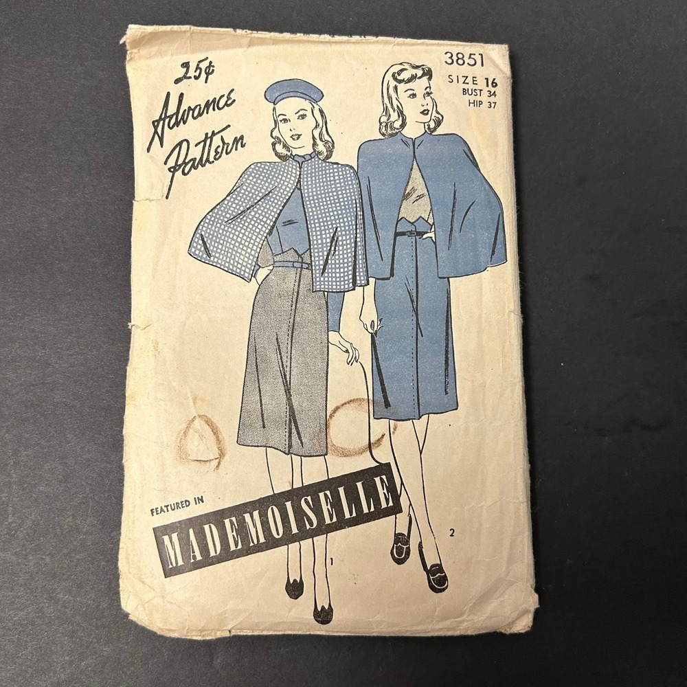 Vintage 40's Advance Pattern 3851 Women's Cape Blouse Skirt Set Size 16 HTF RARE